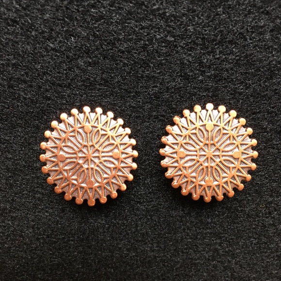 Vintage Solid Copper Earrings Clip On Round Sun - Picture 6 of 9